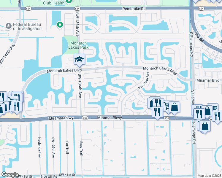 map of restaurants, bars, coffee shops, grocery stores, and more near 13183 Southwest 29th Street in Miramar