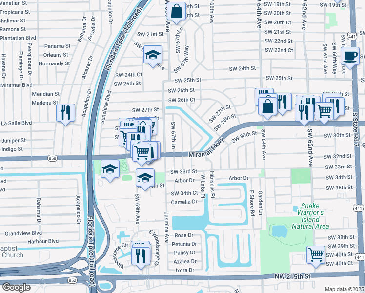 map of restaurants, bars, coffee shops, grocery stores, and more near 3014 Southwest 67th Terrace in Miramar