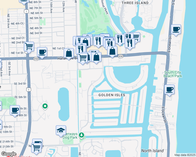 map of restaurants, bars, coffee shops, grocery stores, and more near 62 Blue Heron Drive in Hallandale Beach
