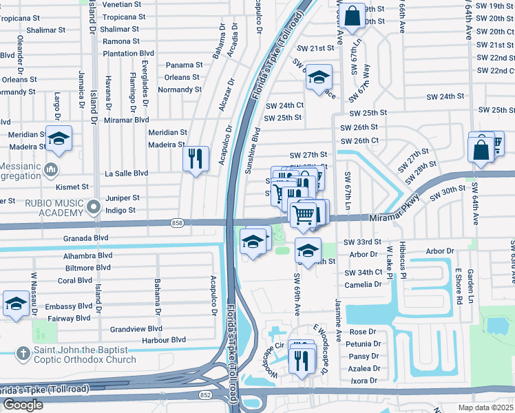 map of restaurants, bars, coffee shops, grocery stores, and more near 7081 Southwest 30th Street in Miramar
