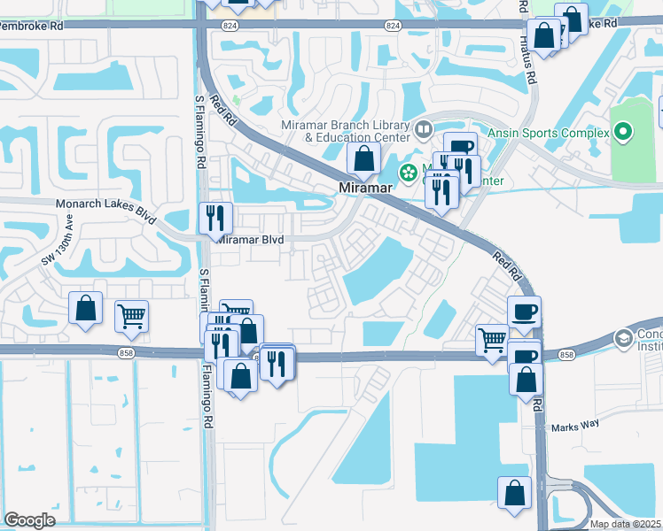 map of restaurants, bars, coffee shops, grocery stores, and more near 2586 Southwest 119th Way in Miramar