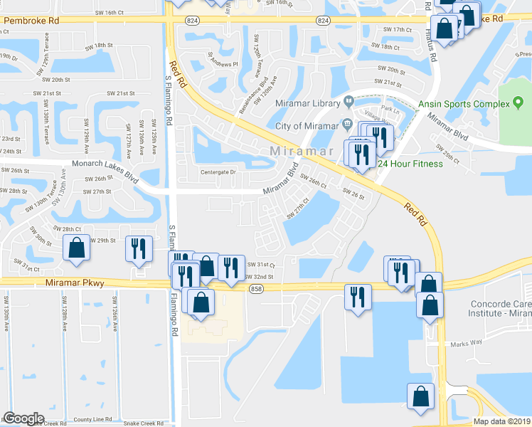 map of restaurants, bars, coffee shops, grocery stores, and more near 2586 Southwest 119th Way in Miramar