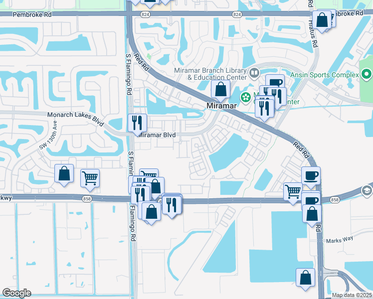 map of restaurants, bars, coffee shops, grocery stores, and more near 2656 Southwest 120th Terrace in Miramar