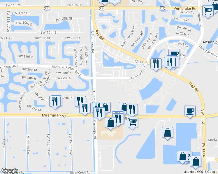 map of restaurants, bars, coffee shops, grocery stores, and more near 12253 Southwest 27th Street in Miramar