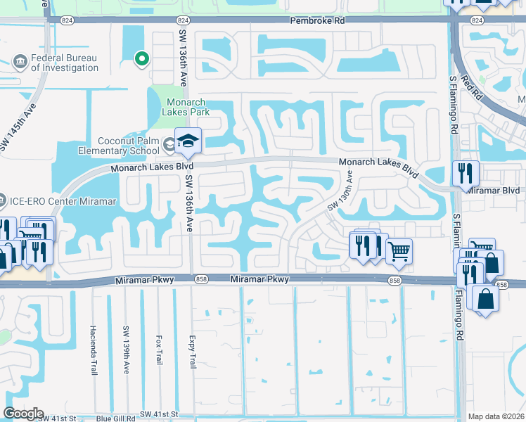 map of restaurants, bars, coffee shops, grocery stores, and more near 13183 Southwest 29th Street in Miramar