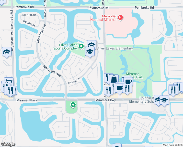 map of restaurants, bars, coffee shops, grocery stores, and more near 17445 Southwest 31st Court in Miramar