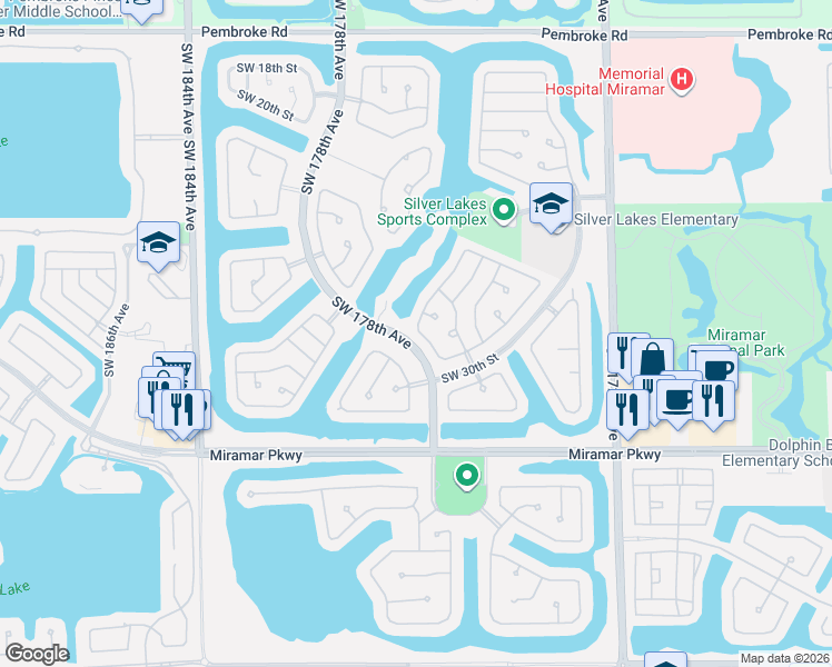 map of restaurants, bars, coffee shops, grocery stores, and more near 17788 Southwest 28th Court in Miramar