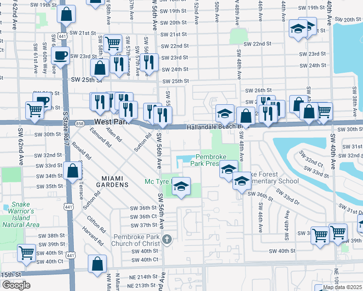 map of restaurants, bars, coffee shops, grocery stores, and more near 3252 Southwest 52nd Avenue in Pembroke Park