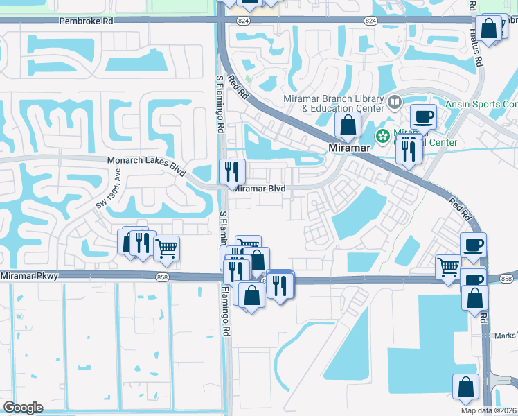 map of restaurants, bars, coffee shops, grocery stores, and more near 12253 Southwest 27th Street in Miramar