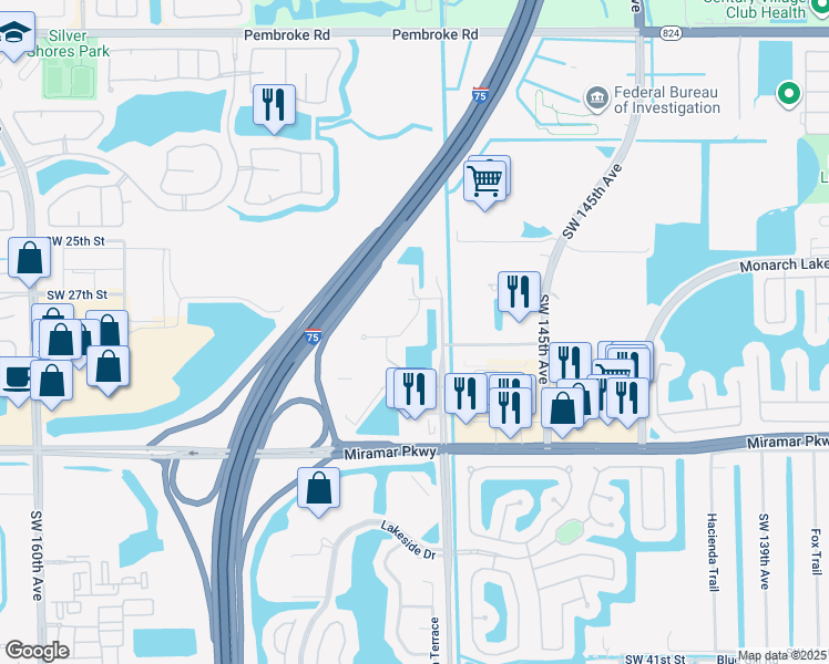 map of restaurants, bars, coffee shops, grocery stores, and more near 2801 Southwest 149th Avenue in Miramar