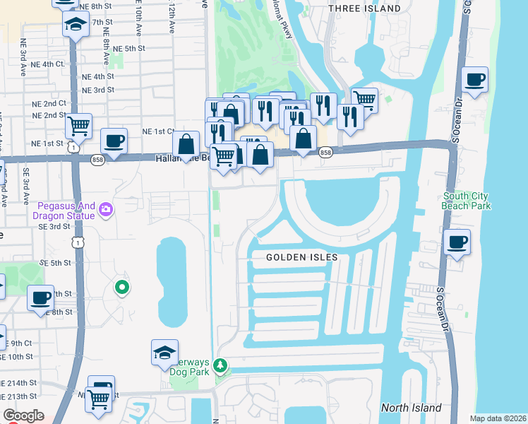 map of restaurants, bars, coffee shops, grocery stores, and more near 501 Blue Heron Drive in Hallandale Beach