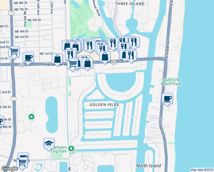 map of restaurants, bars, coffee shops, grocery stores, and more near 430 Golden Isles Drive in Hallandale Beach