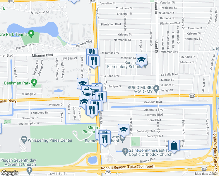 map of restaurants, bars, coffee shops, grocery stores, and more near 7936 Juniper Street in Miramar