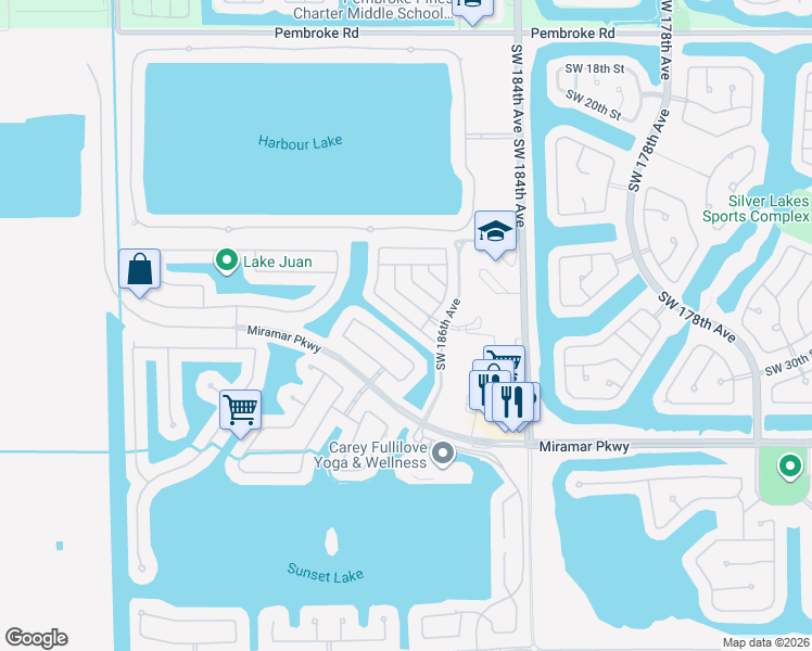 map of restaurants, bars, coffee shops, grocery stores, and more near 18784 Southwest 28th Court in Miramar