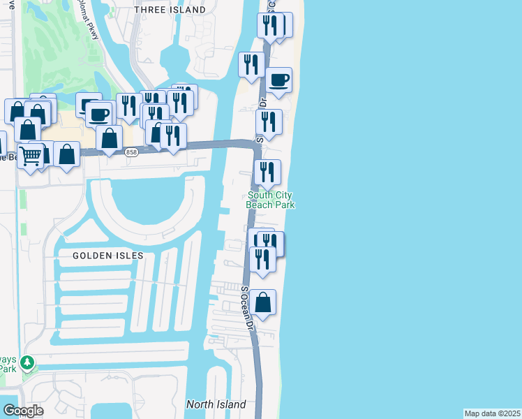 map of restaurants, bars, coffee shops, grocery stores, and more near in Hallandale Beach