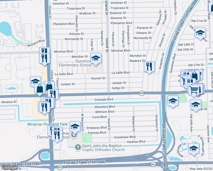 map of restaurants, bars, coffee shops, grocery stores, and more near 2901 Island Drive in Miramar