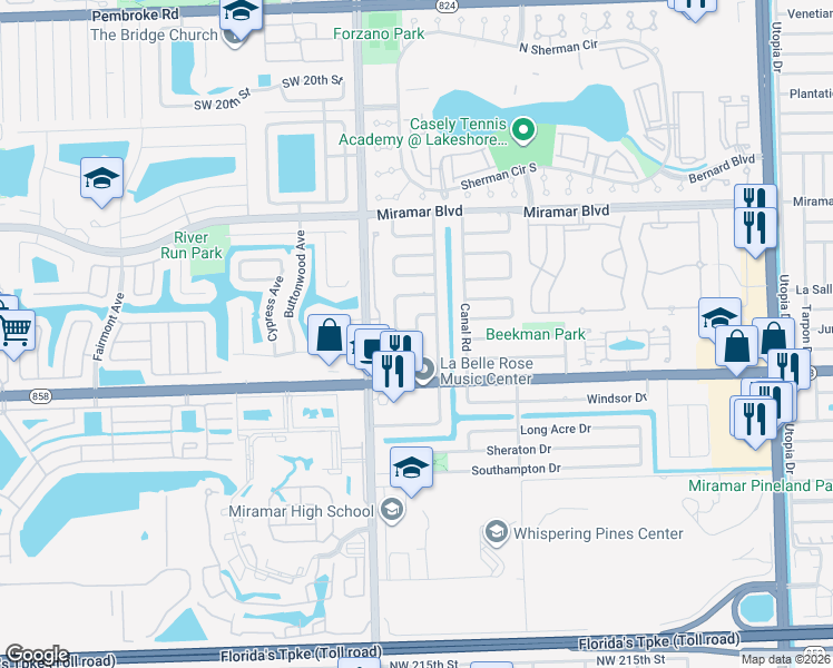 map of restaurants, bars, coffee shops, grocery stores, and more near 2908 Dolphin Drive in Miramar