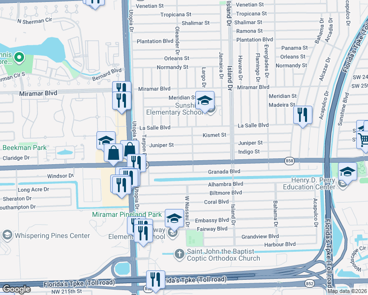 map of restaurants, bars, coffee shops, grocery stores, and more near 7812 Juniper Street in Miramar