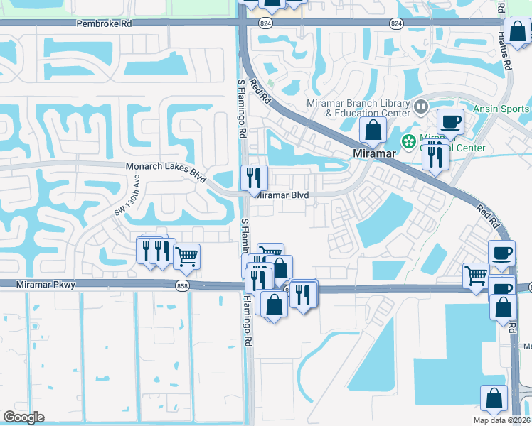 map of restaurants, bars, coffee shops, grocery stores, and more near 12280 Miramar Boulevard in Miramar