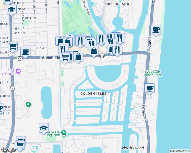 map of restaurants, bars, coffee shops, grocery stores, and more near 430 Golden Isles Drive in Hallandale Beach
