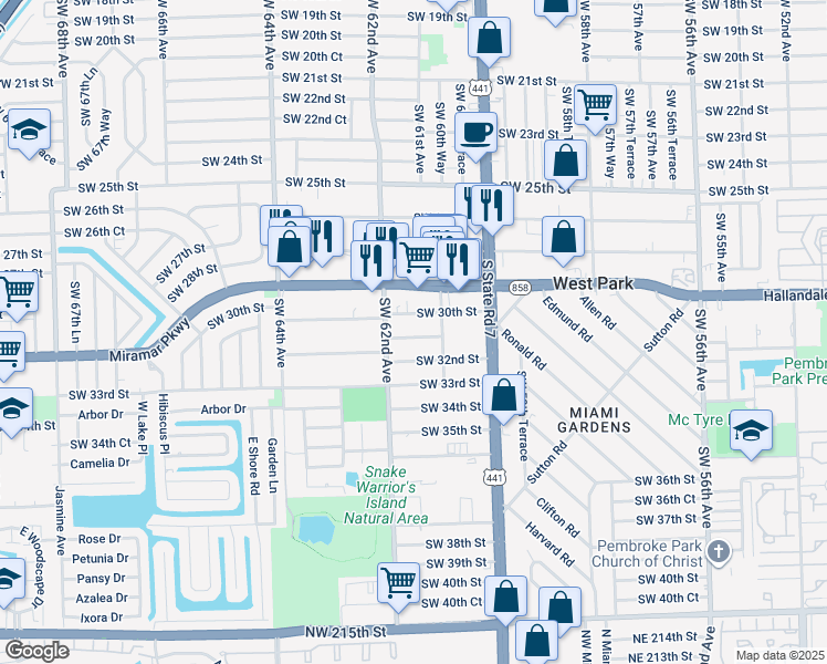 map of restaurants, bars, coffee shops, grocery stores, and more near 6121 Southwest 31st Street in Miramar