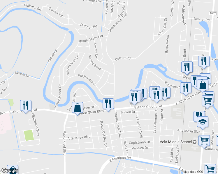 map of restaurants, bars, coffee shops, grocery stores, and more near 5322 Sterling Moon Court in Brownsville