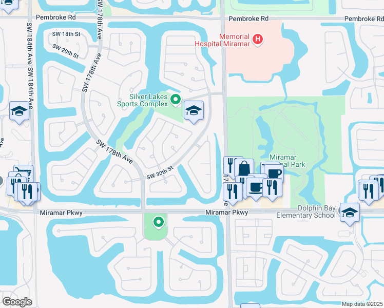 map of restaurants, bars, coffee shops, grocery stores, and more near 17445 Southwest 31st Court in Miramar