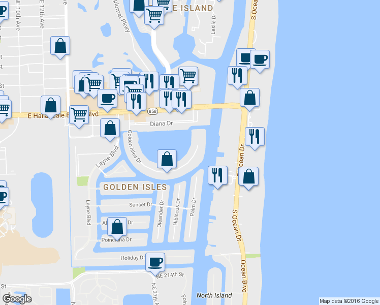 map of restaurants, bars, coffee shops, grocery stores, and more near 120 Golden Isles Drive in Hallandale Beach