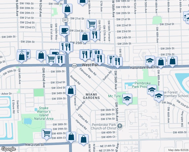 map of restaurants, bars, coffee shops, grocery stores, and more near 30 Allen Rd in West Park