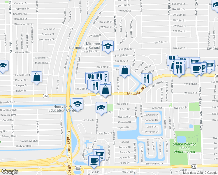 map of restaurants, bars, coffee shops, grocery stores, and more near 6819 Miramar Parkway in Miramar