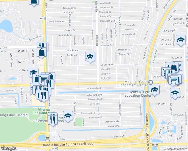 map of restaurants, bars, coffee shops, grocery stores, and more near 7750 Juniper Street in Miramar