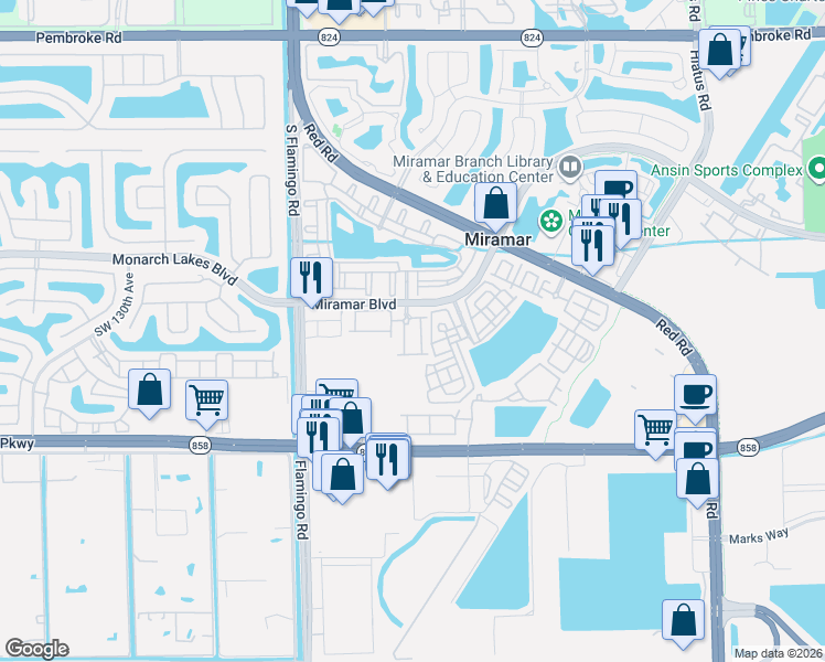 map of restaurants, bars, coffee shops, grocery stores, and more near 2656 Southwest 120th Terrace in Miramar