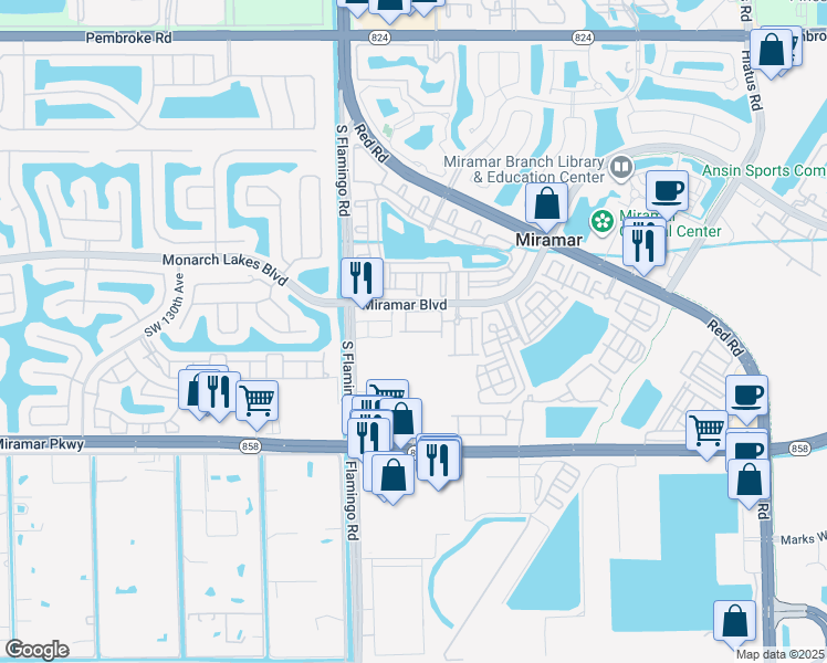 map of restaurants, bars, coffee shops, grocery stores, and more near 12253 Southwest 27th Street in Miramar