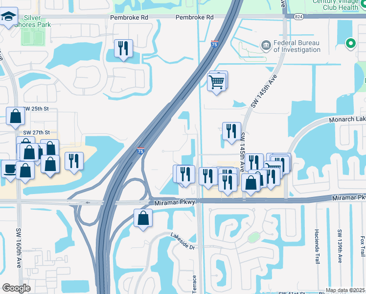 map of restaurants, bars, coffee shops, grocery stores, and more near 2801 Southwest 149th Avenue in Miramar