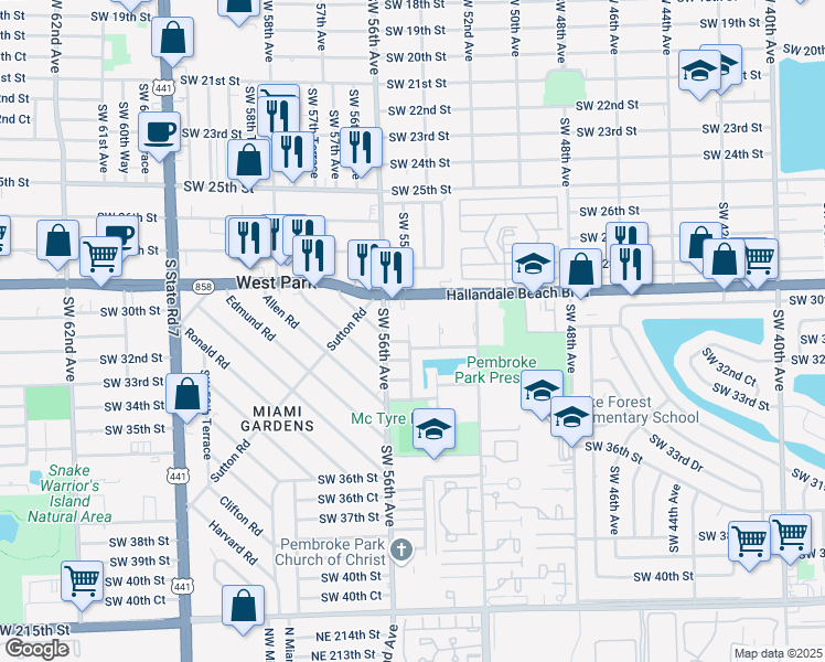 map of restaurants, bars, coffee shops, grocery stores, and more near 3153 Southwest 55th Avenue in Pembroke Park