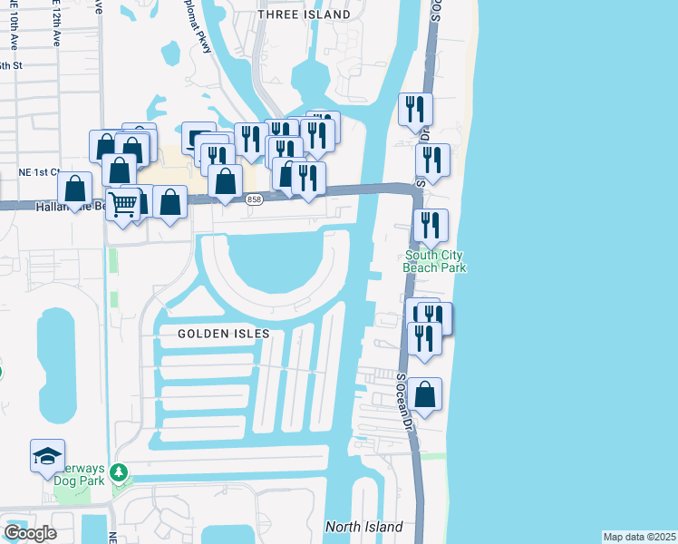 map of restaurants, bars, coffee shops, grocery stores, and more near 111 Golden Isles Drive in Hallandale Beach