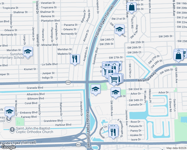 map of restaurants, bars, coffee shops, grocery stores, and more near 7081 Southwest 30th Street in Miramar