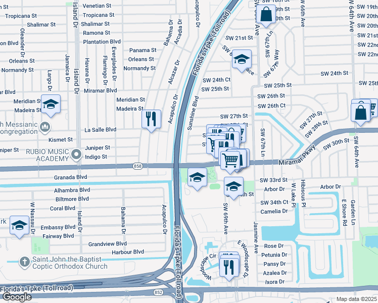 map of restaurants, bars, coffee shops, grocery stores, and more near 7081 Southwest 30th Street in Miramar