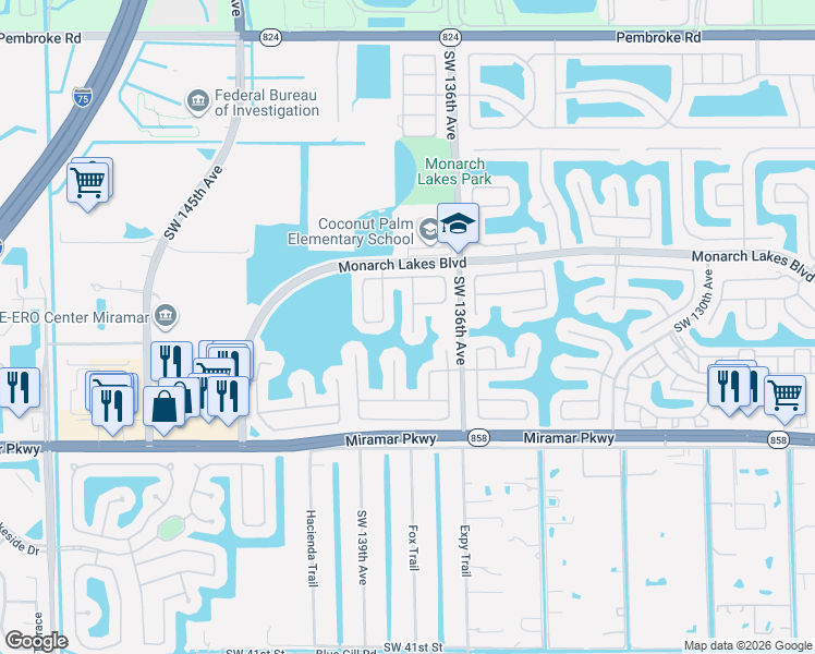 map of restaurants, bars, coffee shops, grocery stores, and more near 2750 Southwest 137th Terrace in Miramar