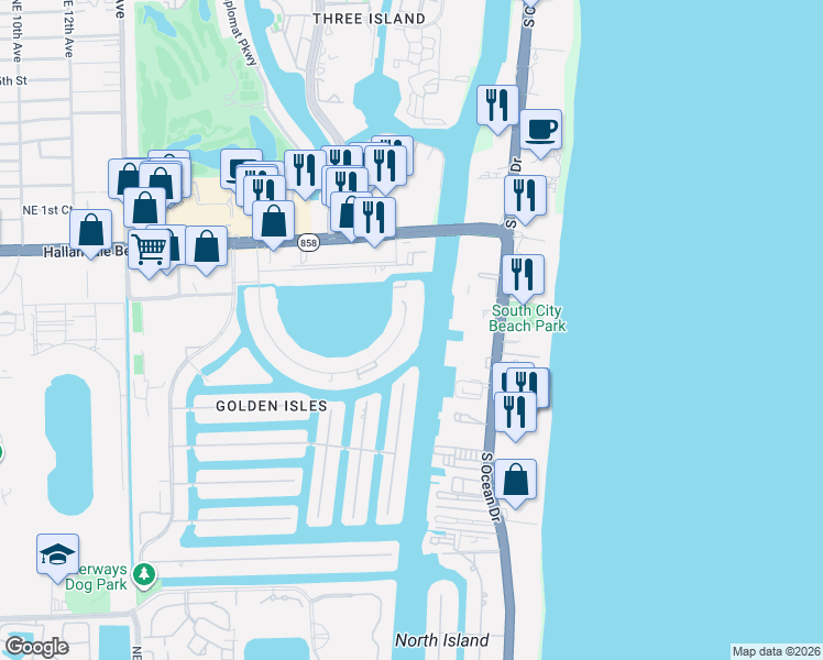 map of restaurants, bars, coffee shops, grocery stores, and more near 111 Golden Isles Drive in Hallandale Beach