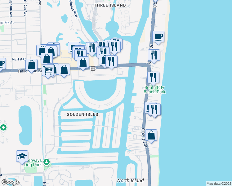 map of restaurants, bars, coffee shops, grocery stores, and more near 120 Golden Isles Drive in Hallandale Beach