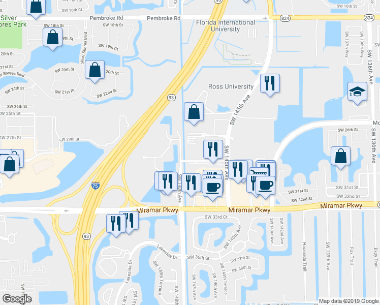 map of restaurants, bars, coffee shops, grocery stores, and more near 14751 Hotel Road in Miramar