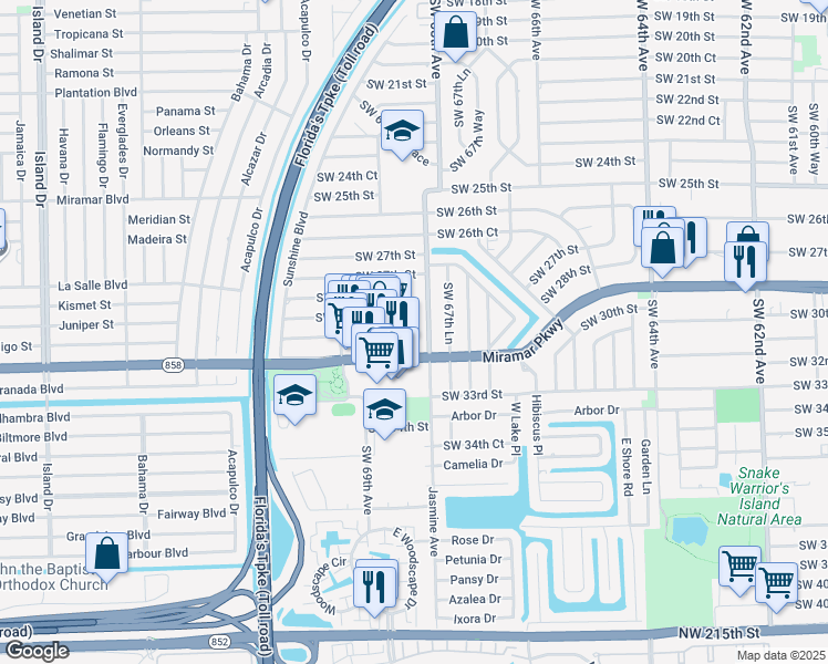 map of restaurants, bars, coffee shops, grocery stores, and more near 6819 Miramar Parkway in Miramar