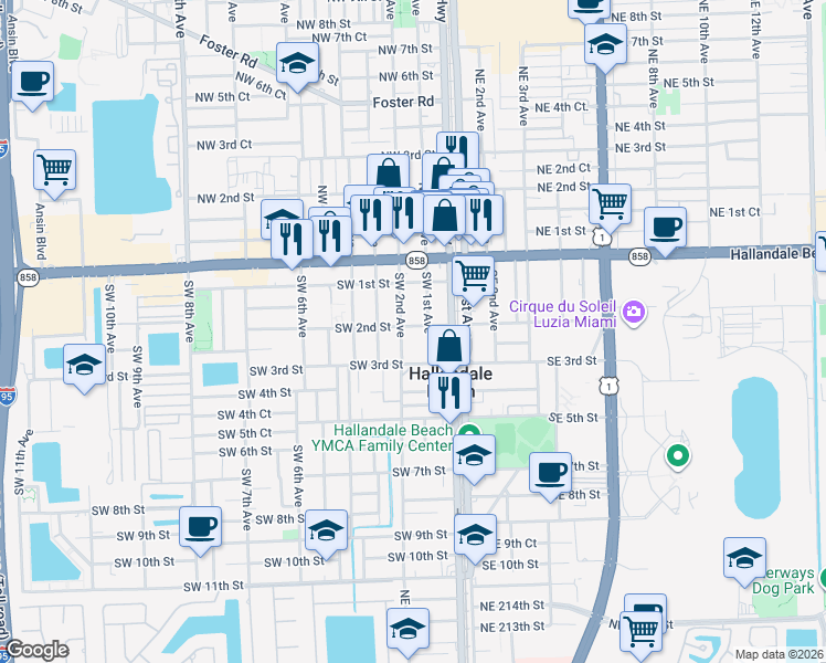 map of restaurants, bars, coffee shops, grocery stores, and more near 200 Southwest 1st Avenue in Hallandale Beach