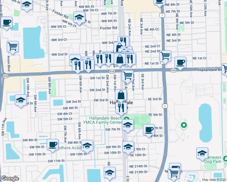 map of restaurants, bars, coffee shops, grocery stores, and more near 200 Southwest 1st Avenue in Hallandale Beach