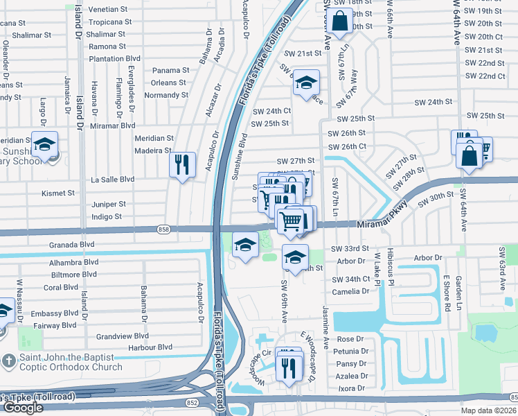 map of restaurants, bars, coffee shops, grocery stores, and more near 7001 Southwest 30th Street in Miramar