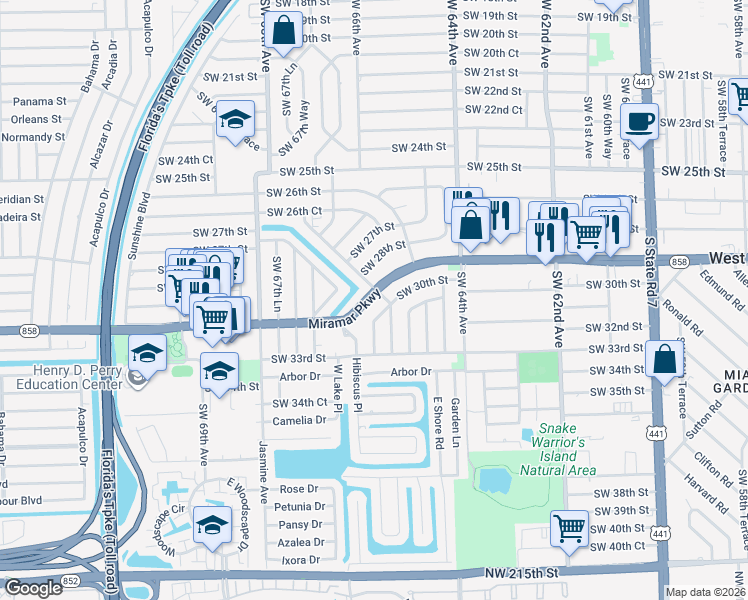 map of restaurants, bars, coffee shops, grocery stores, and more near 6610 Florida 858 in Miramar