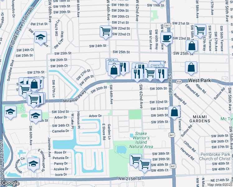map of restaurants, bars, coffee shops, grocery stores, and more near 6332 Southwest 30th Street in Miramar