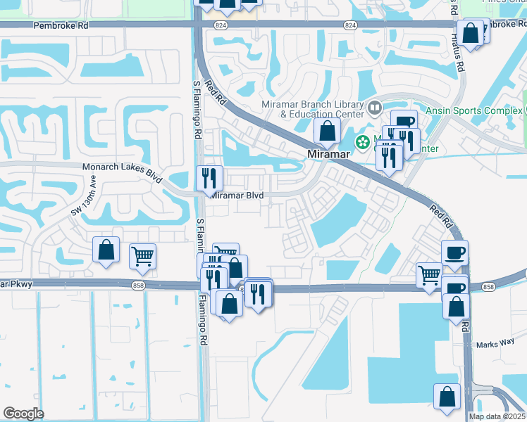 map of restaurants, bars, coffee shops, grocery stores, and more near 2615 Southwest 121st Terrace in Miramar