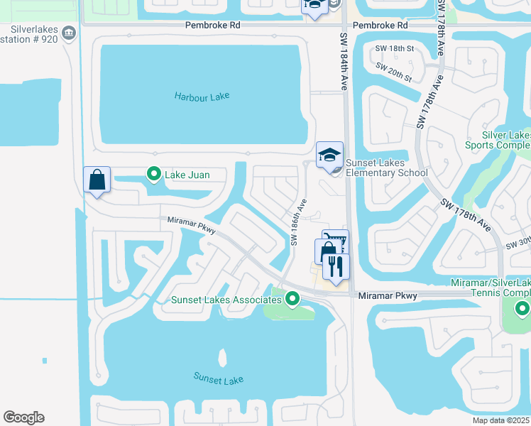 map of restaurants, bars, coffee shops, grocery stores, and more near 18784 Southwest 28th Court in Miramar